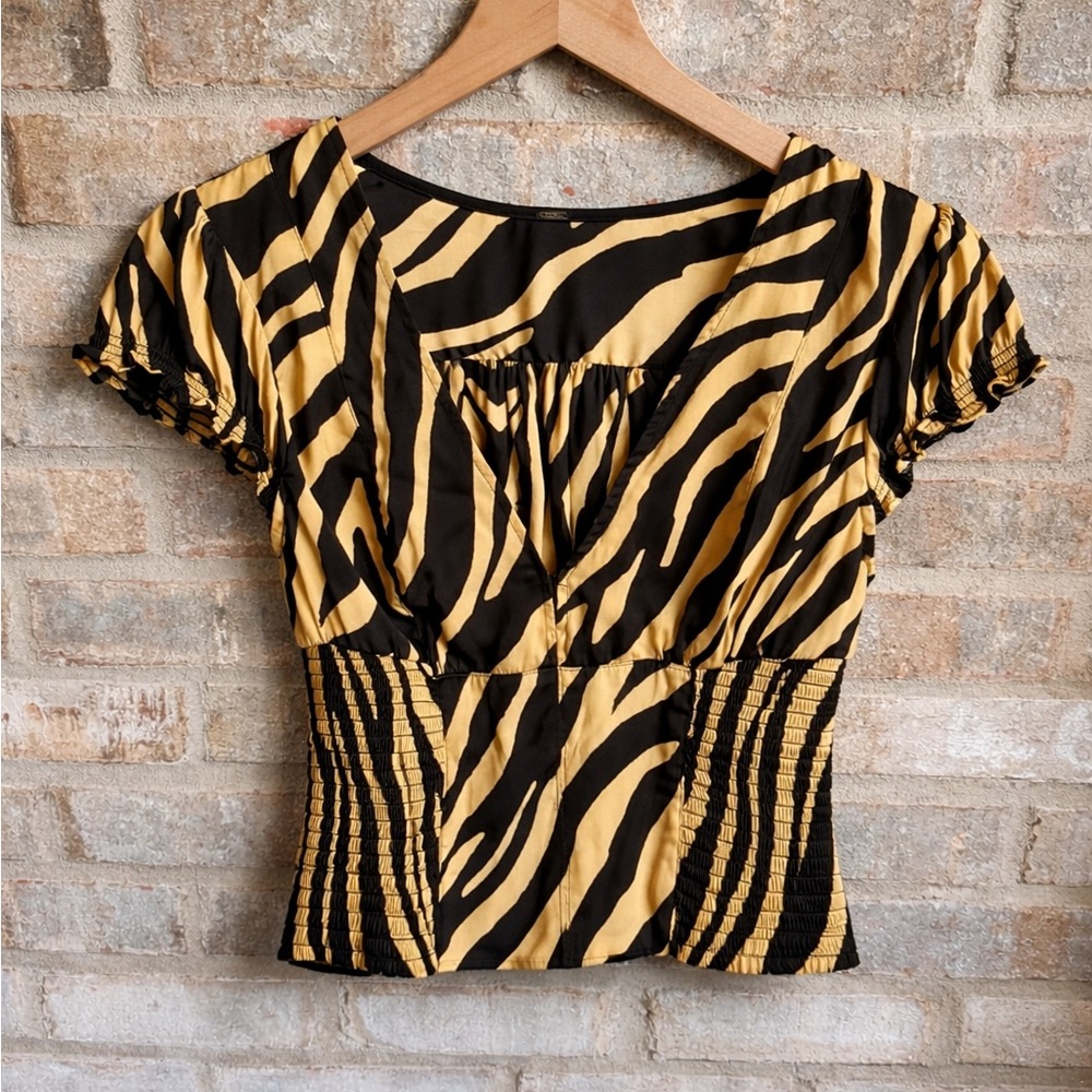 Free People Black and Gold Zebra Smocked-Waist Blouse